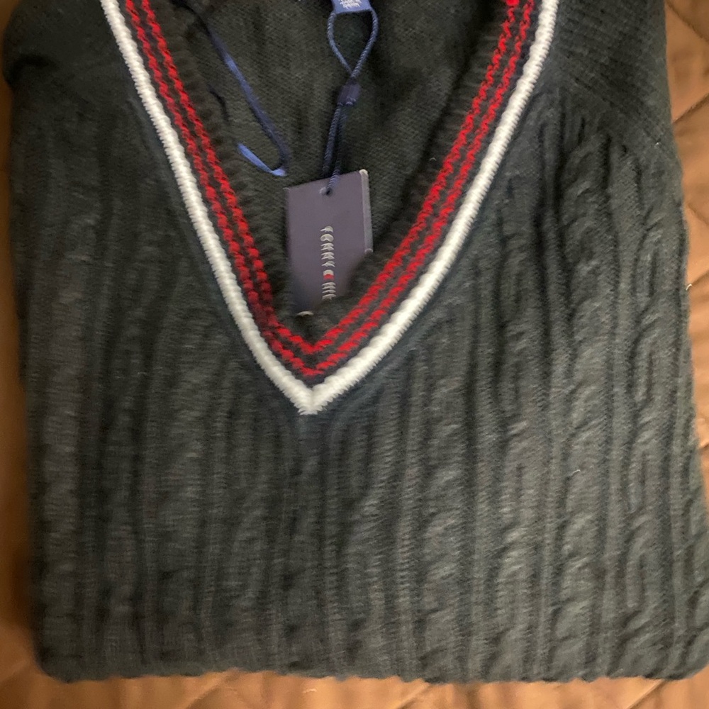 Tommy Hilfiger Red and Black V-Neck Sweater
